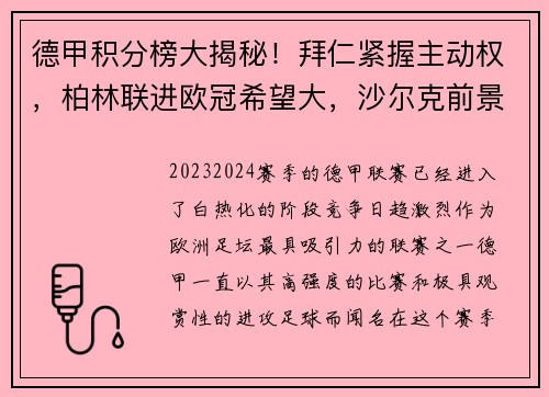 德甲积分榜大揭秘！拜仁紧握主动权，柏林联进欧冠希望大，沙尔克前景堪忧